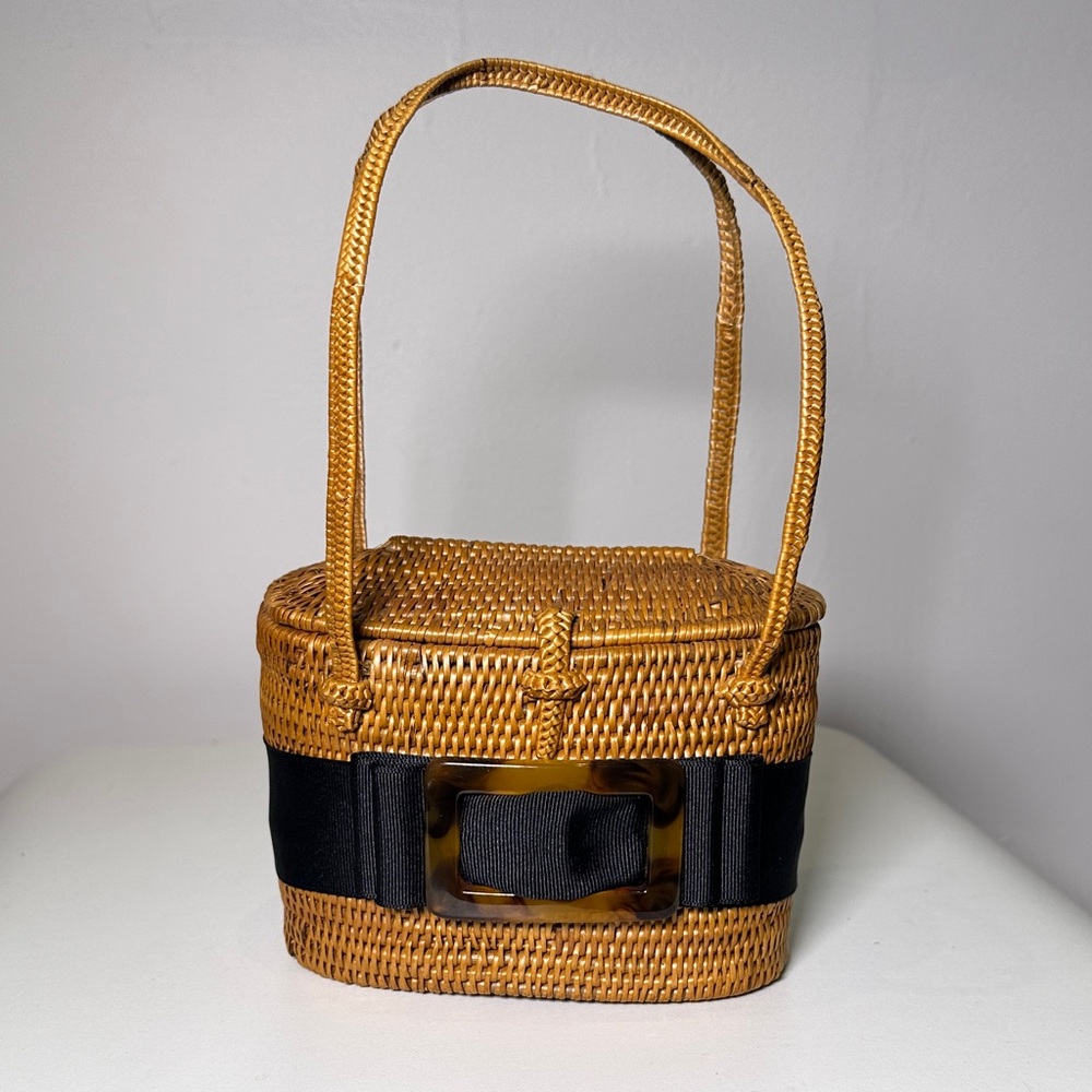 Chic Tan Woven Mini Bag with Black Accent